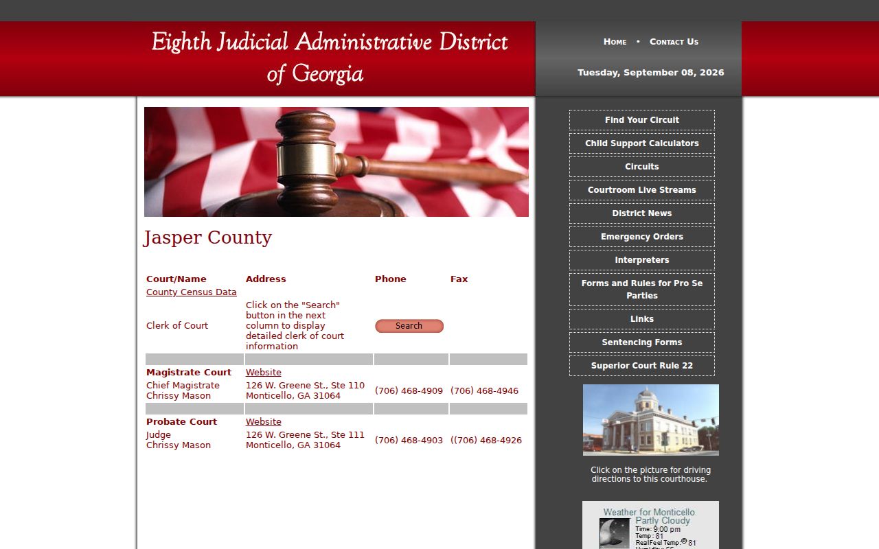 Eighth Judicial District Jasper County court contact page