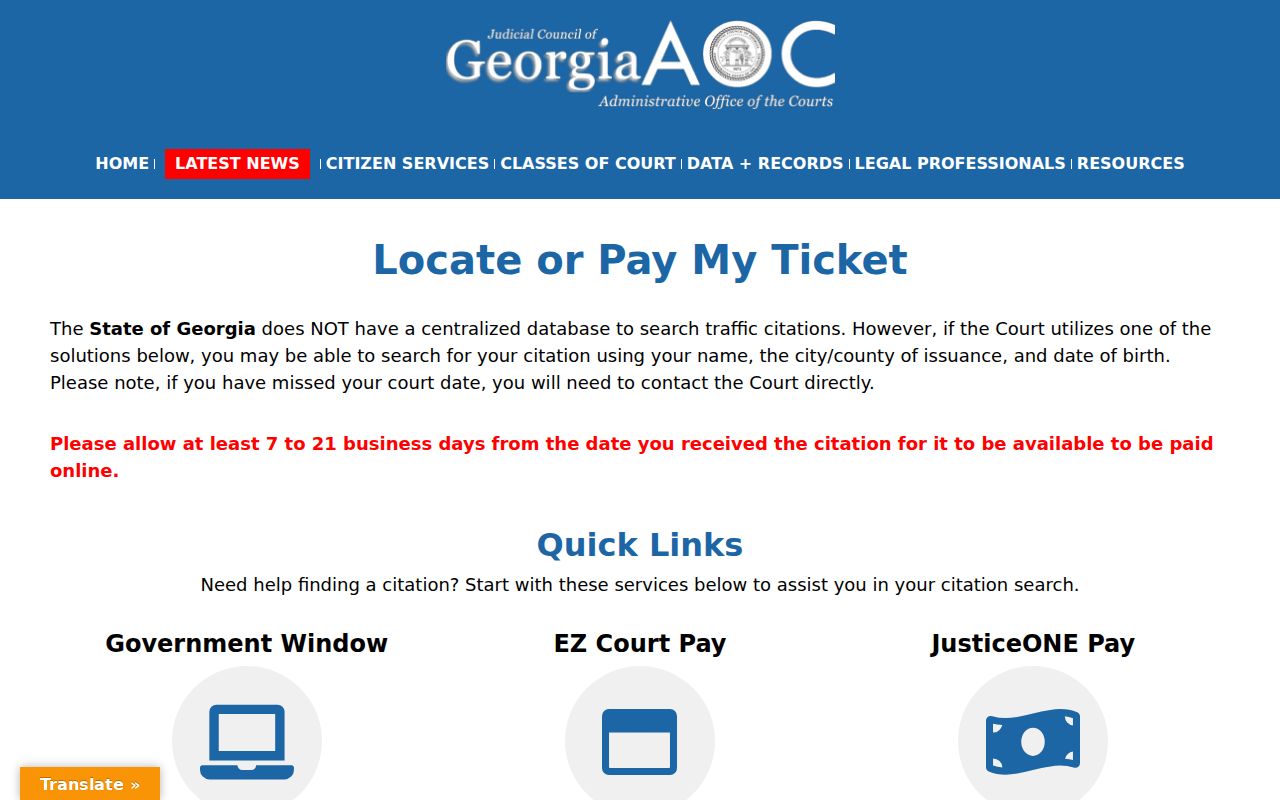 Georgia Courts page explaining how to locate or pay a traffic citation
