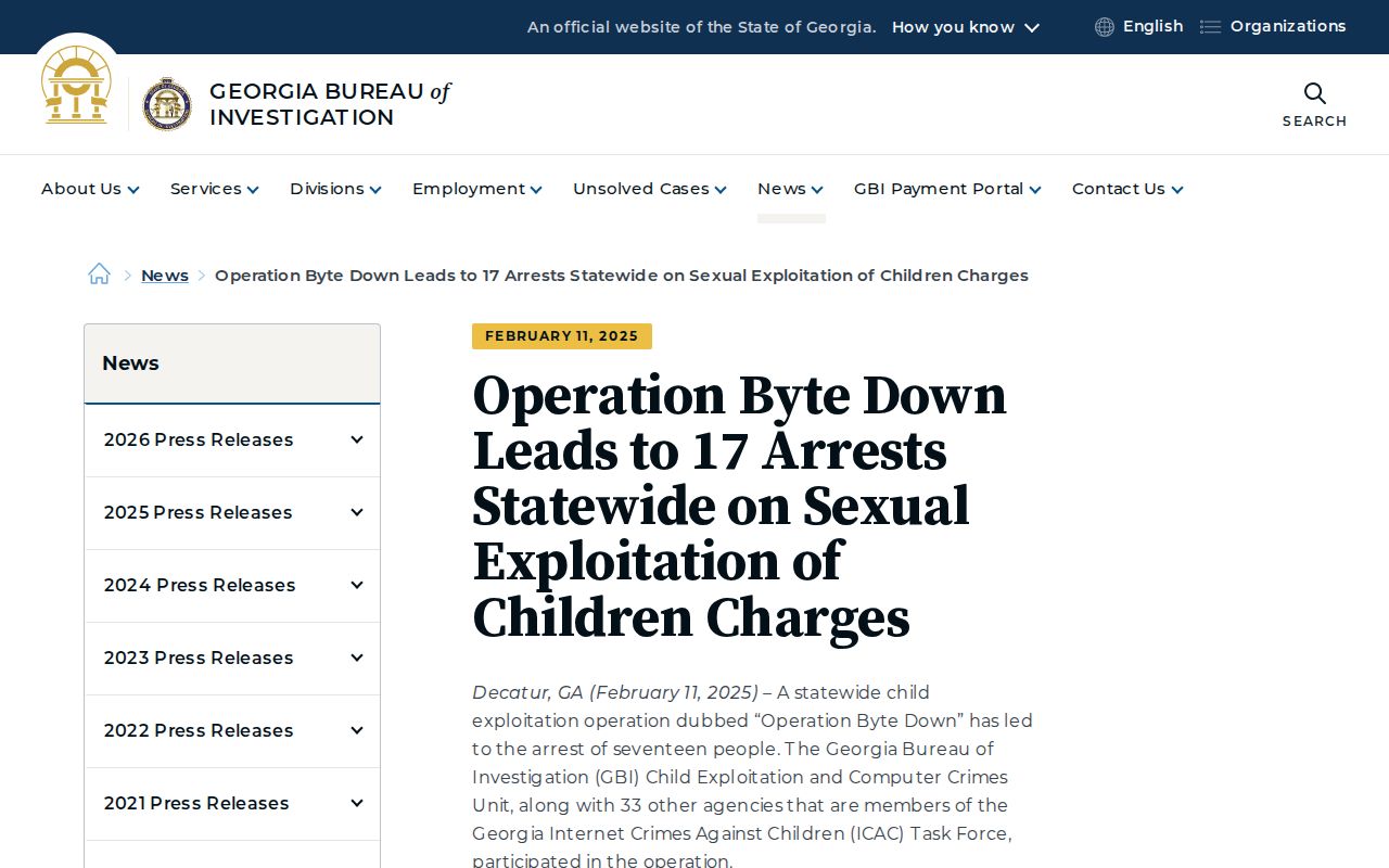 Georgia Bureau of Investigation announcement illustrating search and arrest reporting distinctions