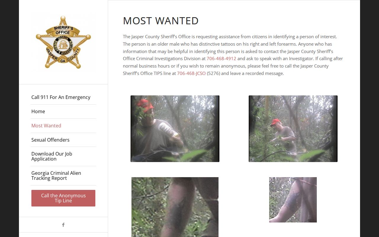 Jasper County active warrants and official Most Wanted assistance page